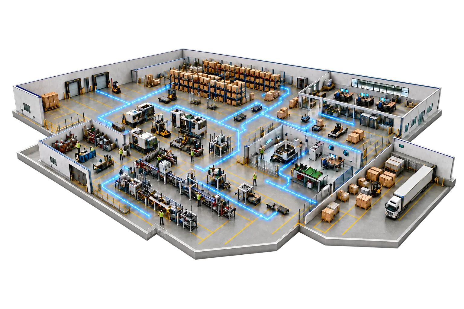 Connected factory floor showing receiving, storage, production, quality, planning and dispatch areas.