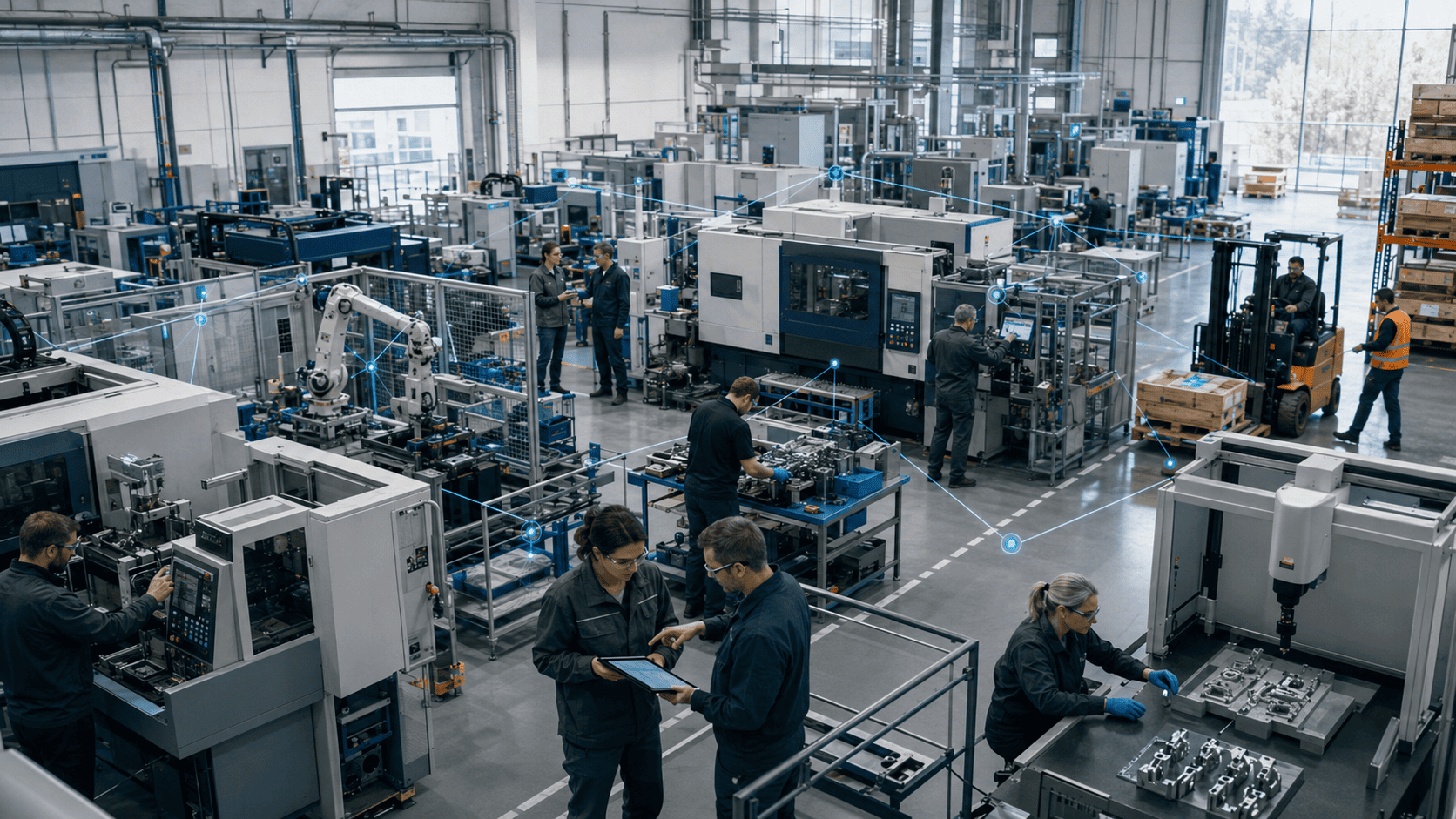 A wide industrial production floor with machinery and workstations.