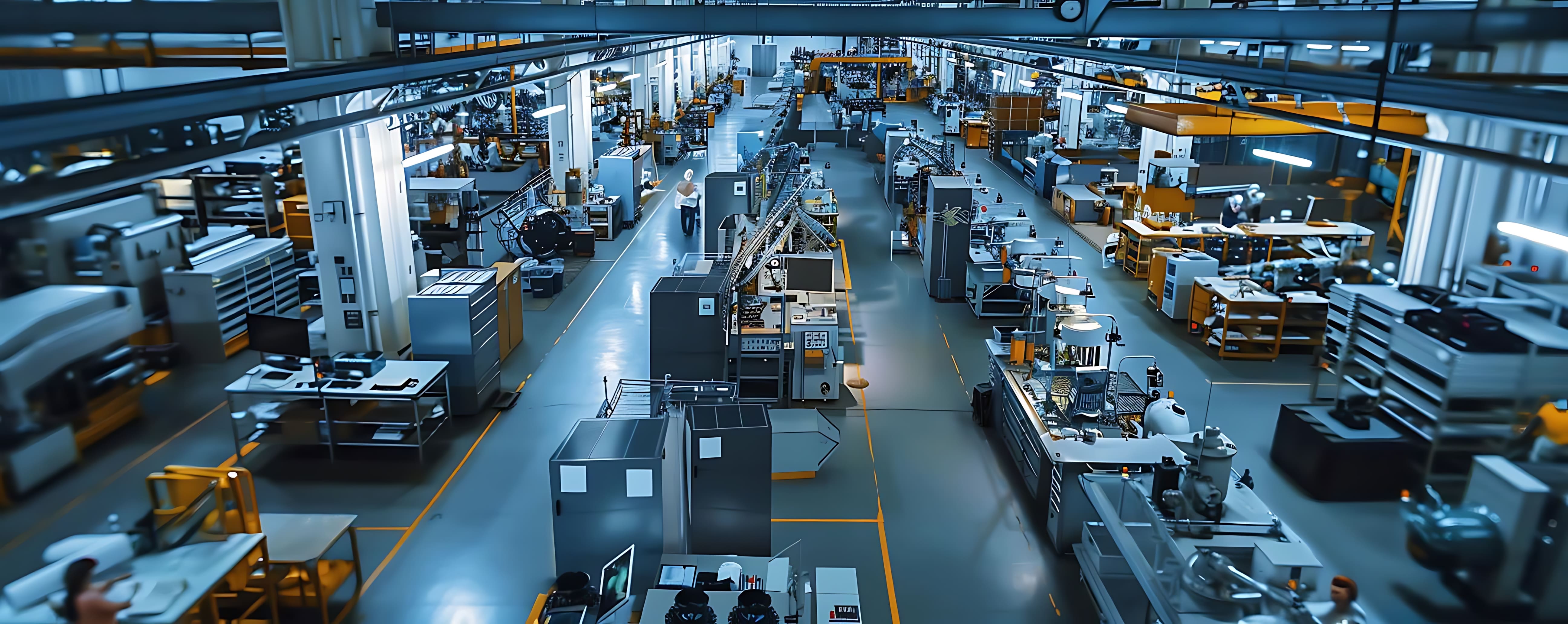A connected production floor with industrial machinery and material handling equipment.