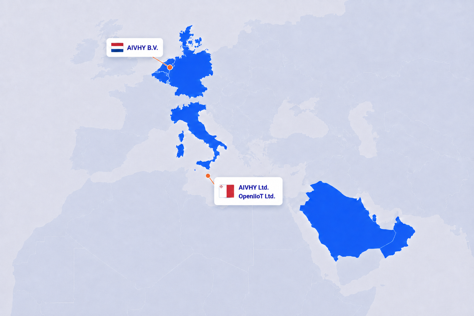Map showing Aivhy's presence across Europe and the Middle East.