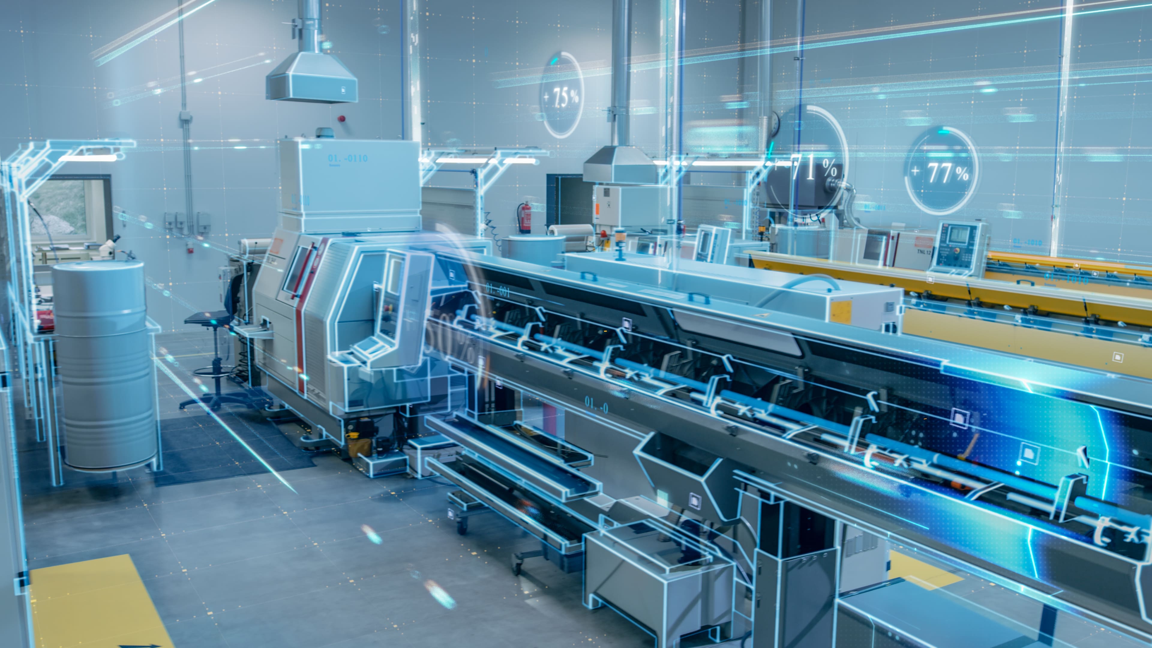 Connected production equipment with live operational performance data displayed across the factory.