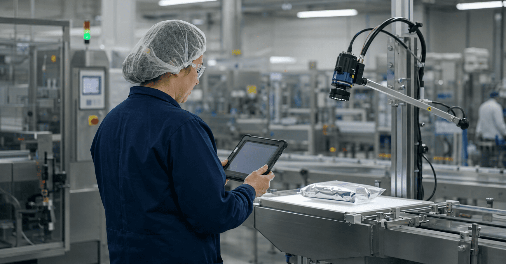 Production operator reviewing a tablet beside a camera-supported quality inspection station.