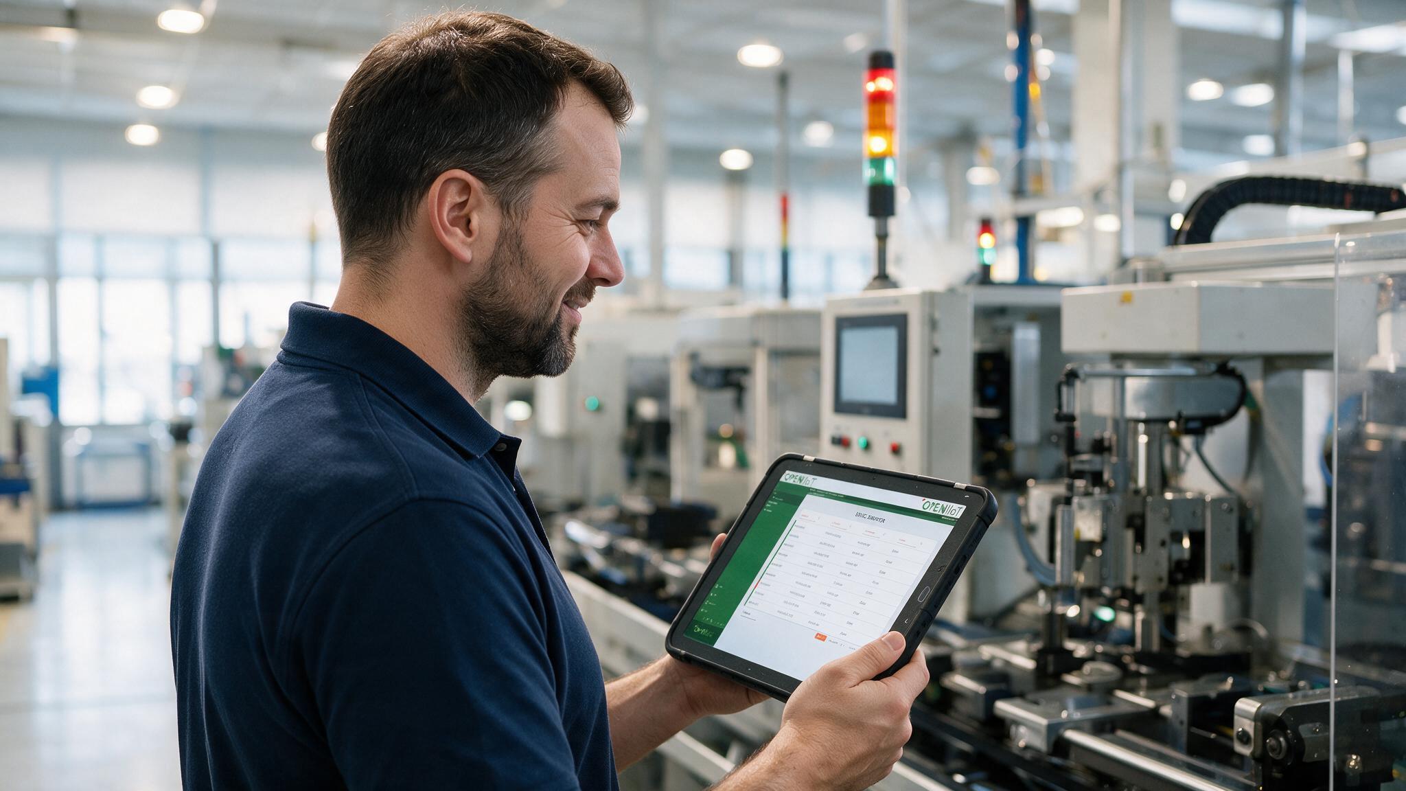 Production employee using a tablet beside industrial manufacturing equipment.