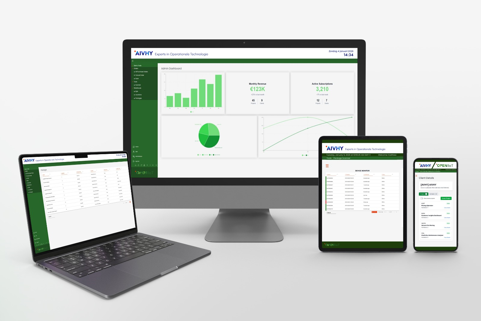 AIVHY BOS product visual displayed across desktop, laptop, tablet, and mobile devices.