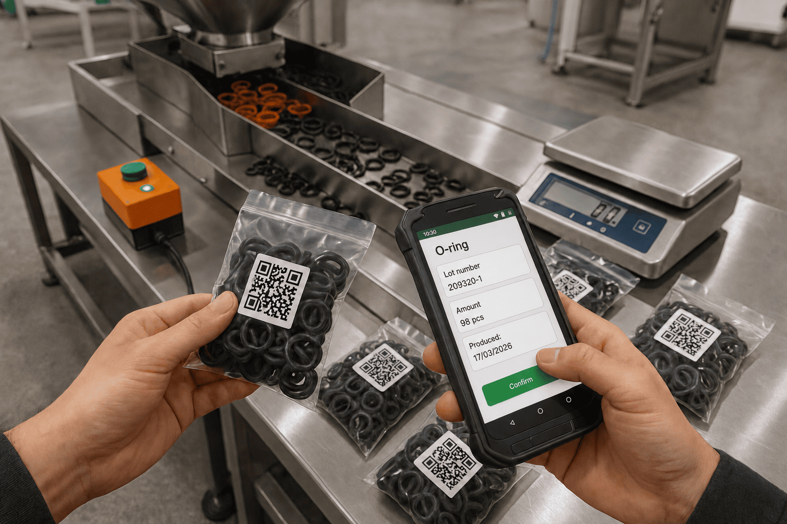 Worker verifying QR-labelled packaged components with a handheld device.