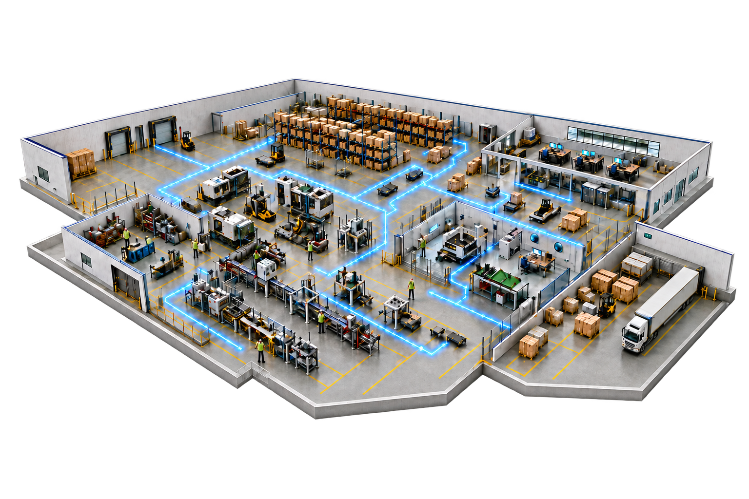 Connected factory floor showing receiving, storage, production, quality, planning and dispatch areas.