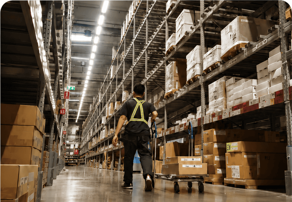 Warehouse aisle with stocked shelves and logistics equipment.
