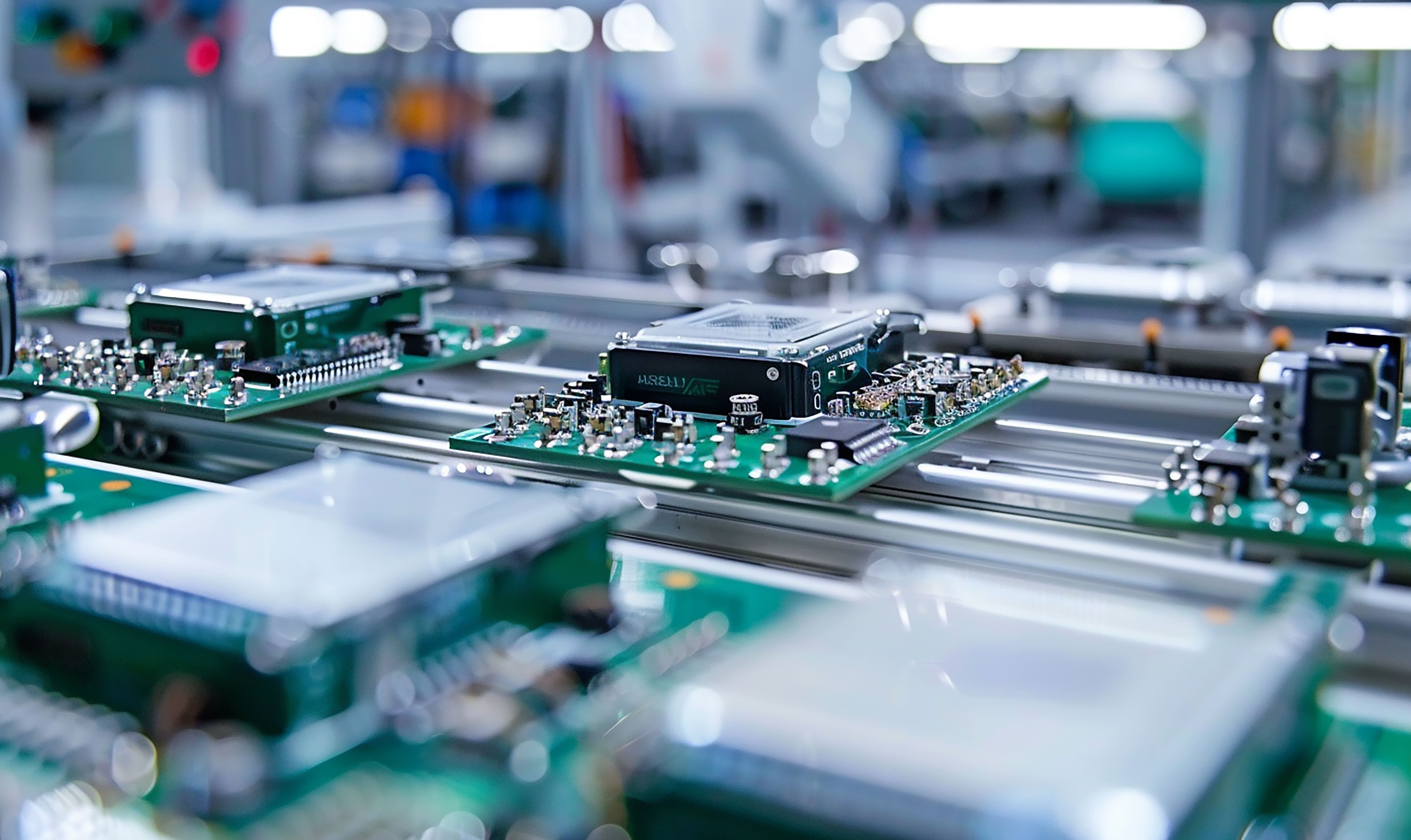 Electronics production boards on an assembly line.