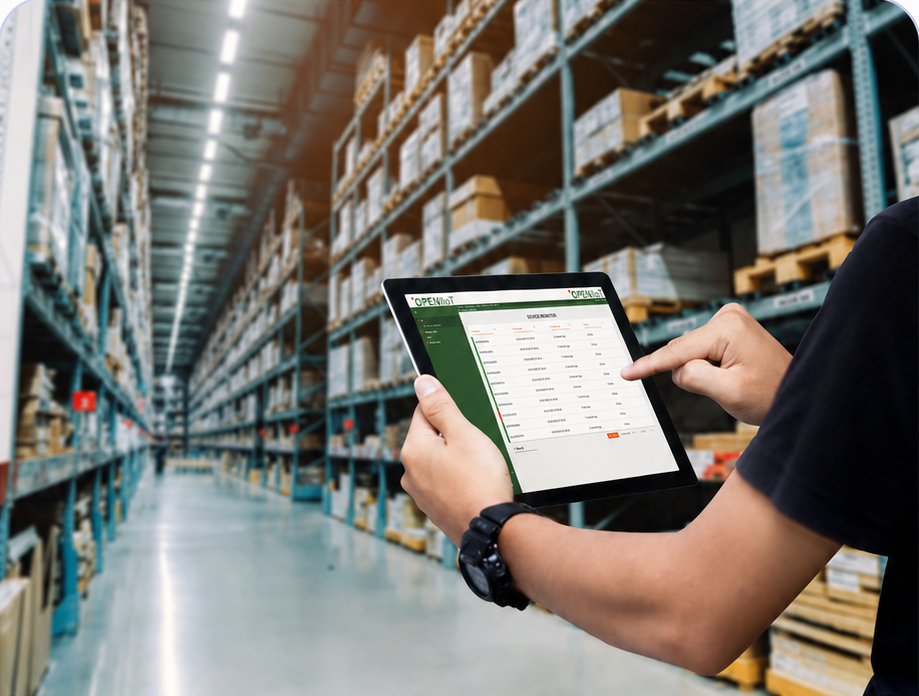 Warehouse operator using a tablet to manage a paperless picking workflow.