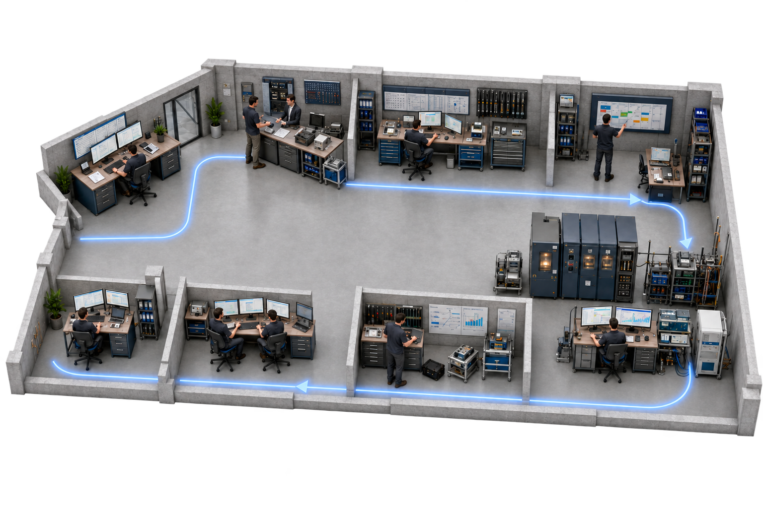 Connected laboratory operation from test request and sample registration through equipment planning, execution, report creation, approval and release.
