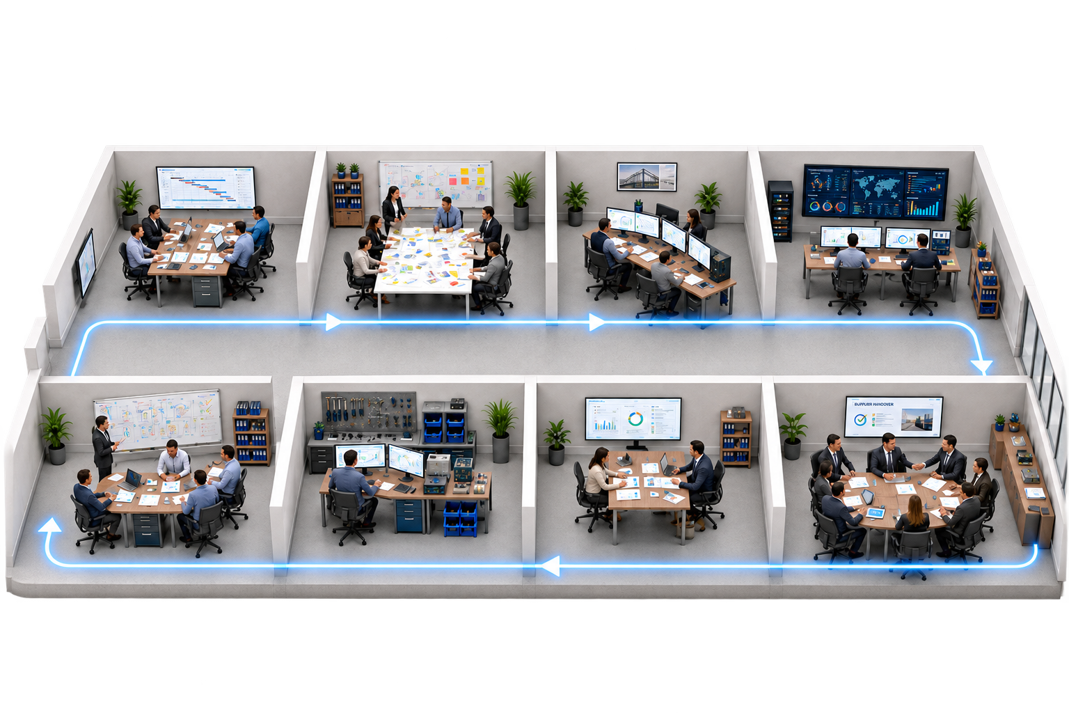 Connected project delivery operation from commercial handover and planning through execution, change control, customer acceptance and project closure.